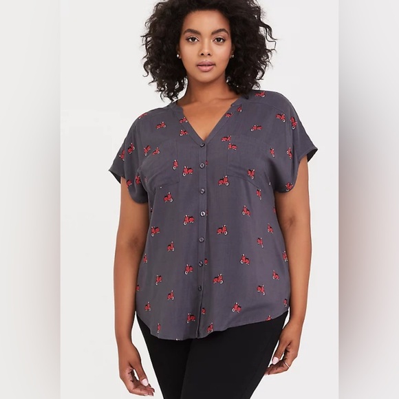 Torrid Dark Grey Red Scooter Vespa Challis Dolman button down Blouse  size 1X